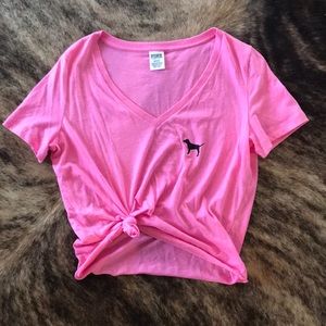 PINK VS Crop Top Logo Tie V Neck T-Shirt Top M